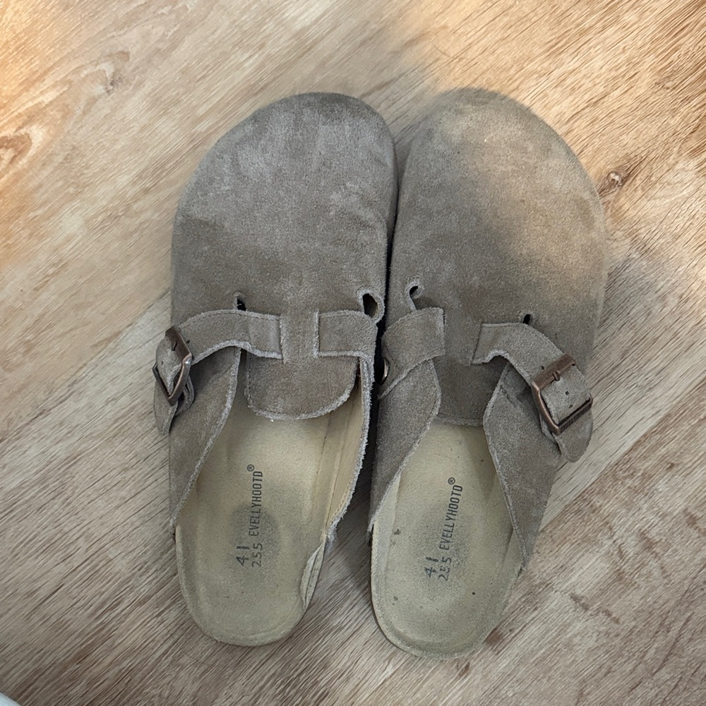 Suede Buckle Mules in Taupe